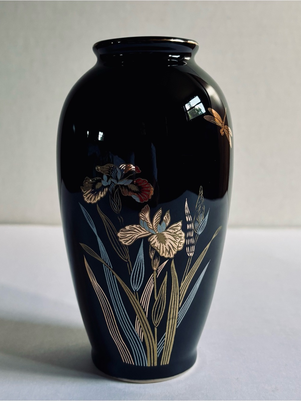 Vintage Japanese Black Ceramic 6,5” Vase Gold Iris Dragonfly Motif MCM